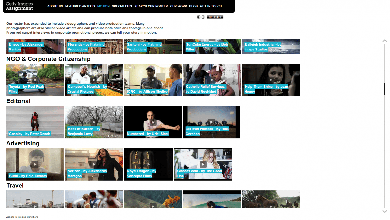 Global Assignment by Getty Images "Motion" Page showcasing works by videographers