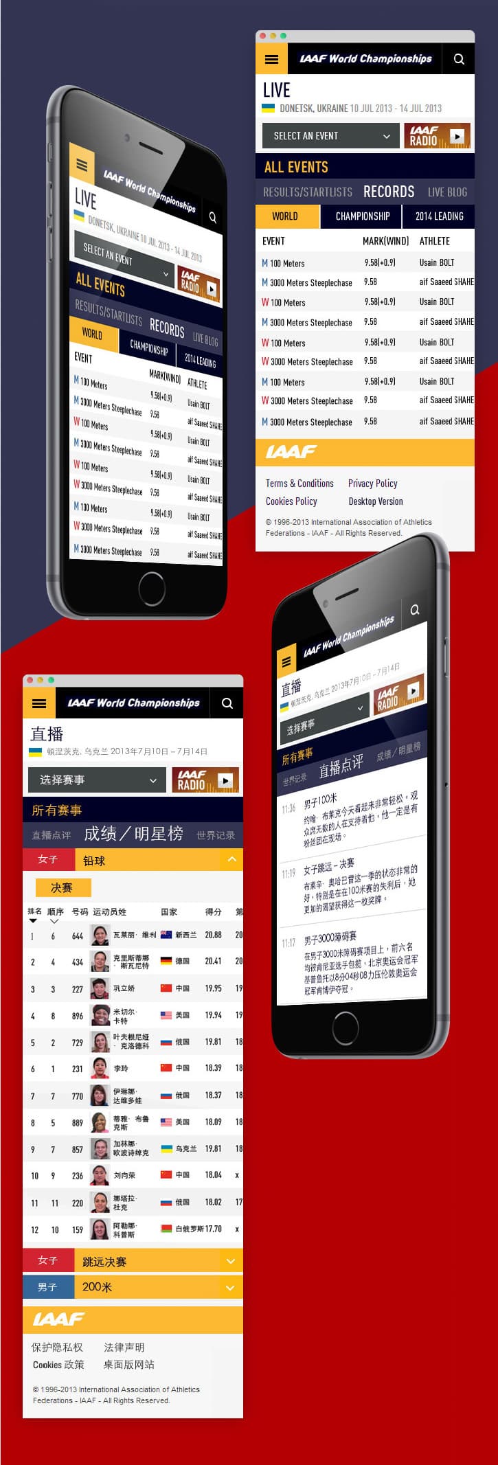 IAAF Beijing 2015 World Championships on Mobile View, including Chinese language version of the web app