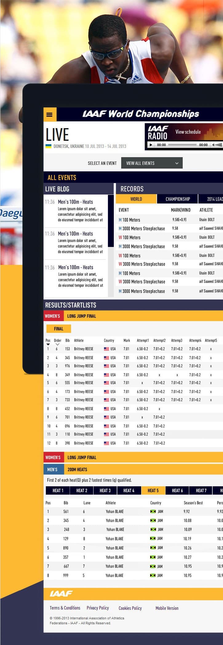 IAAF Live Results view for the IAAF World Championships, showing all the latest results, with thousands of data points